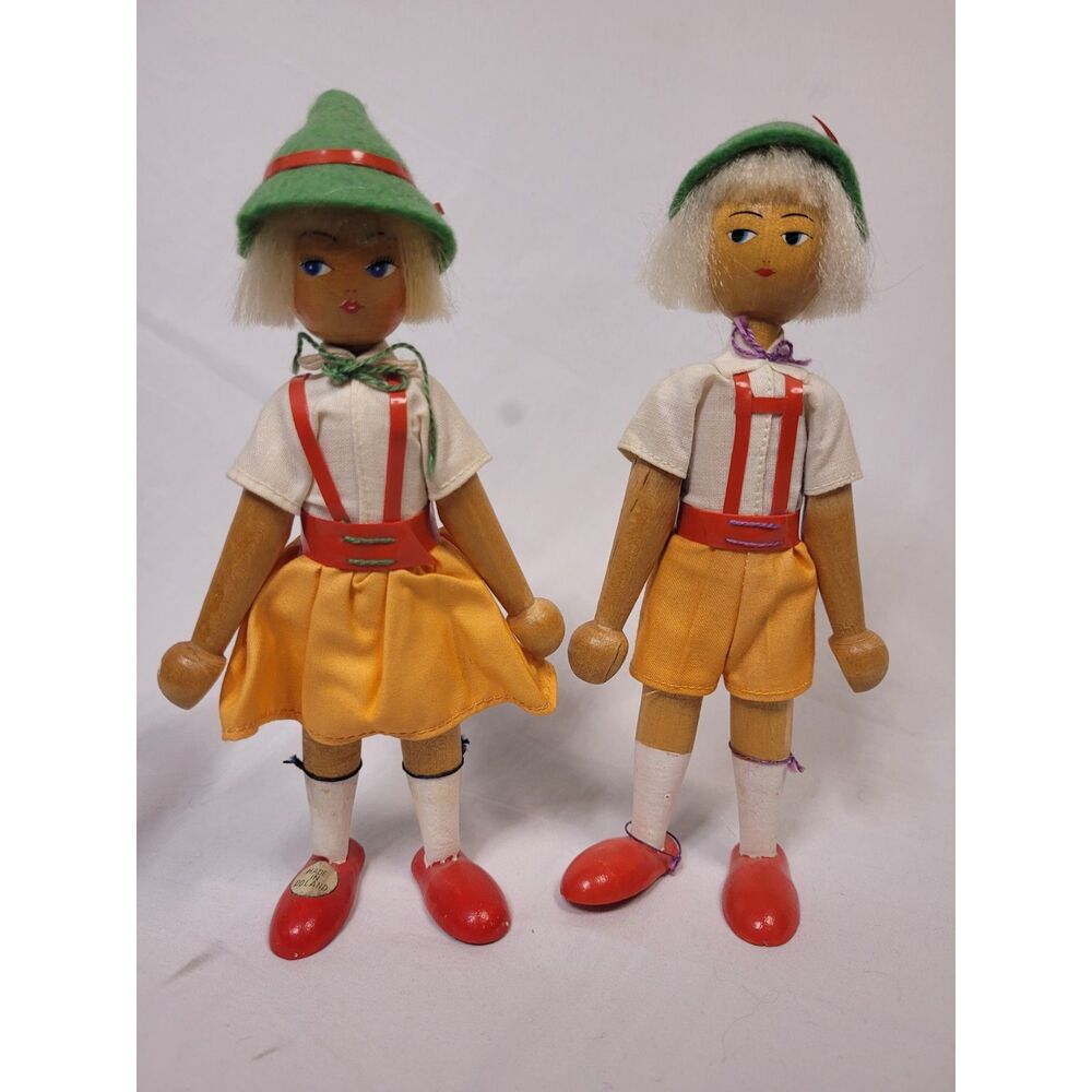 Vintage Poland Wooden Peg Dolls - Pair of 2 - Handpainted Traditional